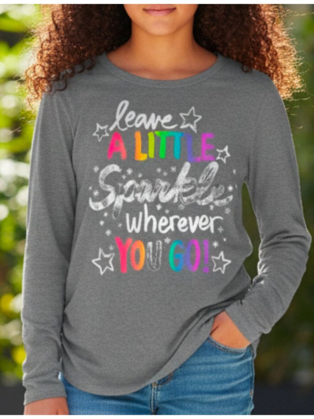 Girls Gray Long-Sleeve Tee With "Leave A Little Sparkle" Glitter Text & Stars De